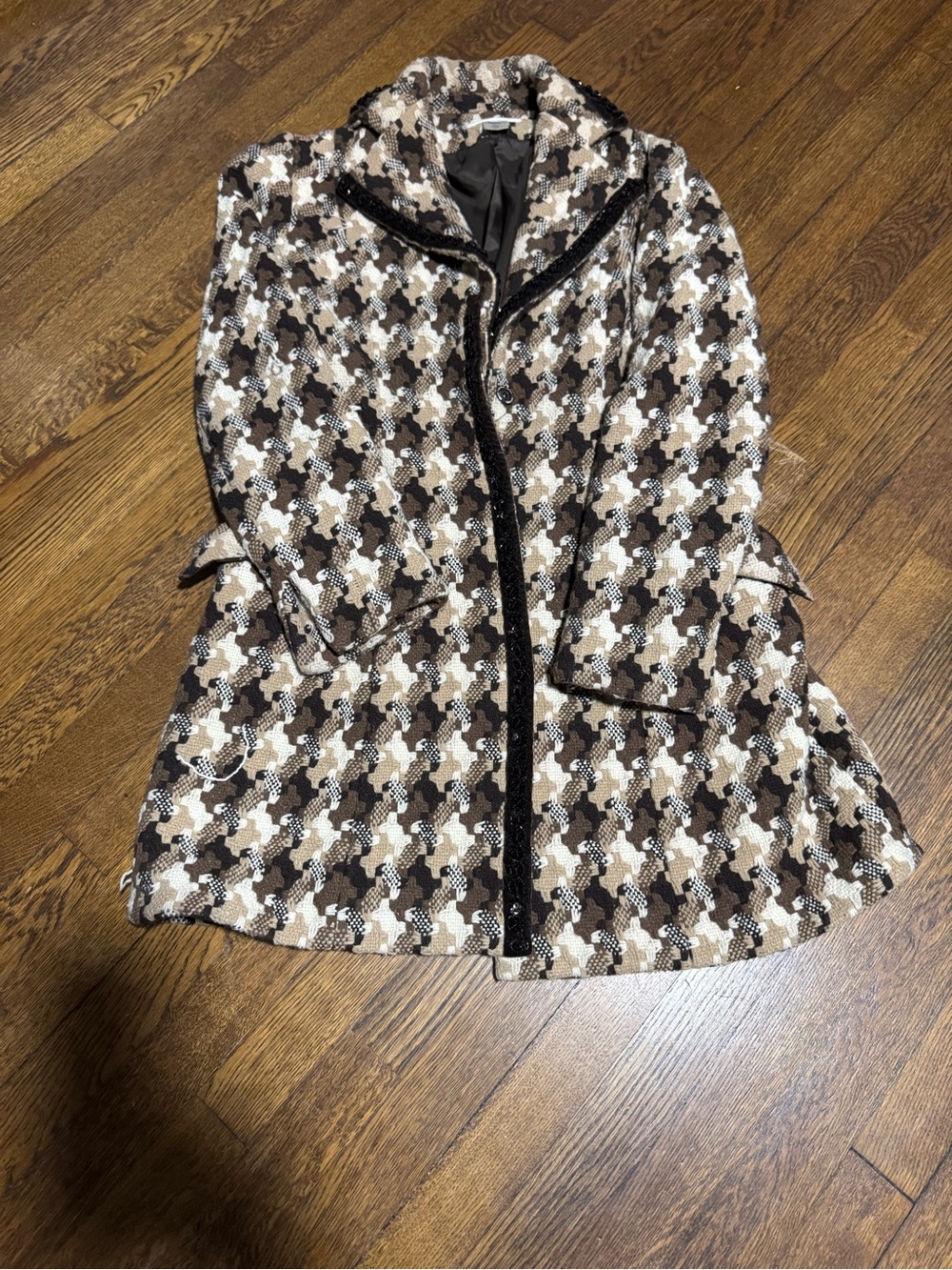 Nine West Brown Black White Houndstooth Tweed Pea Coat